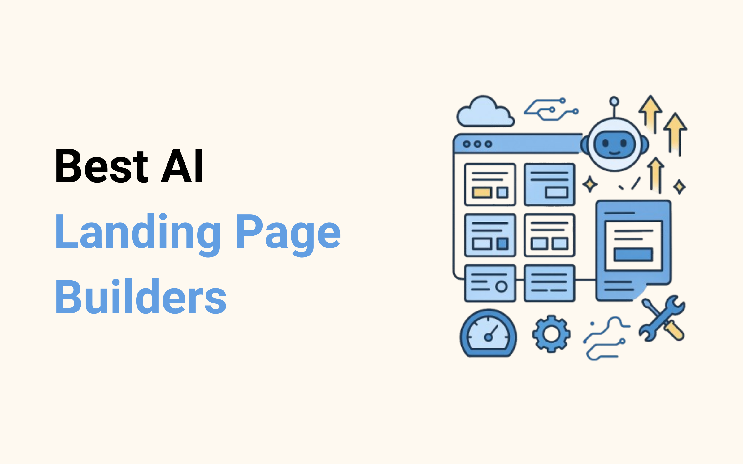 Hero image featuring a large browser window displaying multiple landing page templates, with an AI assistant icon hovering beside it, surrounded by arrows, gears, speedometer, and cloud motifs to convey speed, automation, and intelligence.